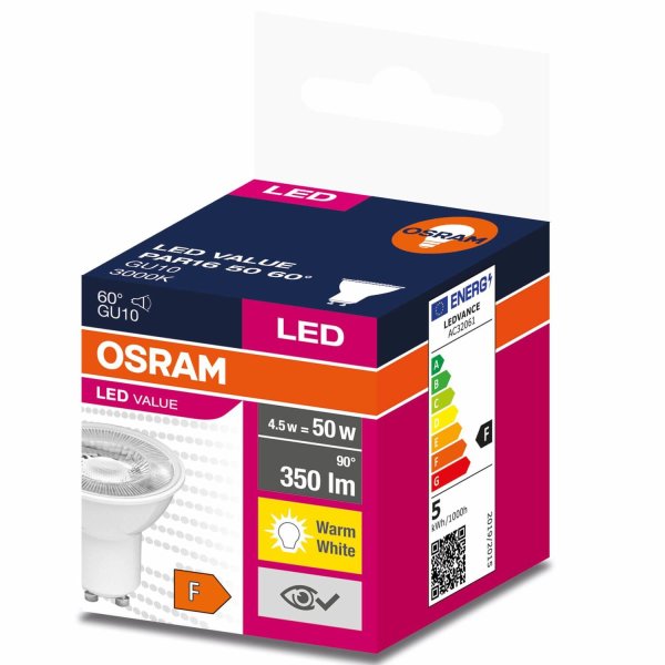 OSRAM LED VALUE PAR16 50 60 ° 4.5W GU10 Spot, Strahler 350lm 3000K wa