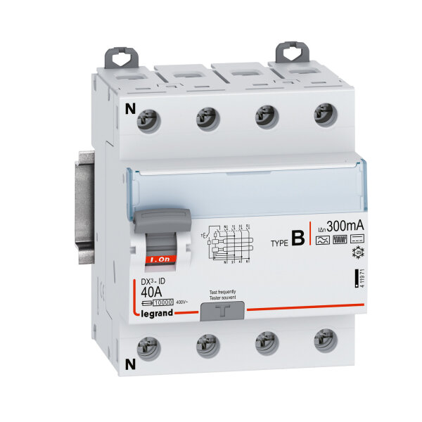 Legrand DX3 Fehlerstromschutzschalter 40A, 4-polig, 300mA, Typ B, 400VAC, N-links, 4TE, B-Charakteristik, allstromsensitiv, In 40A, 411971