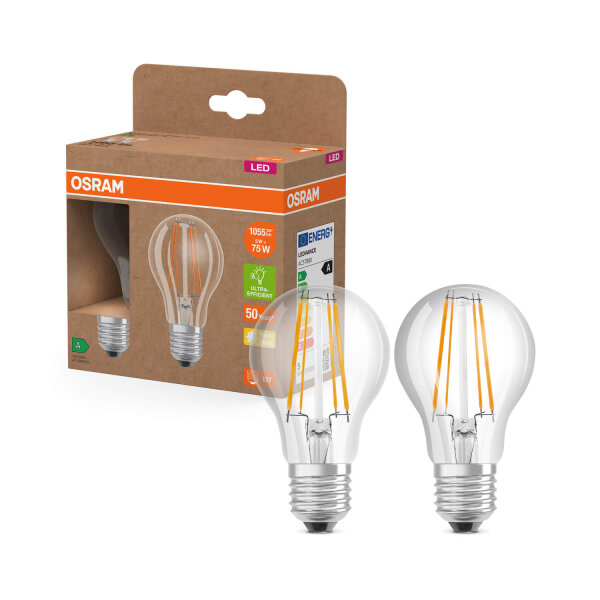 2er Pack OSRAM LED Lampe LAMPS ENERGY CLASS A höchste Energieeffizienzklasse A Filament CLASSIC A 5W 827 Clear E27 Warmweiss 4099854253546