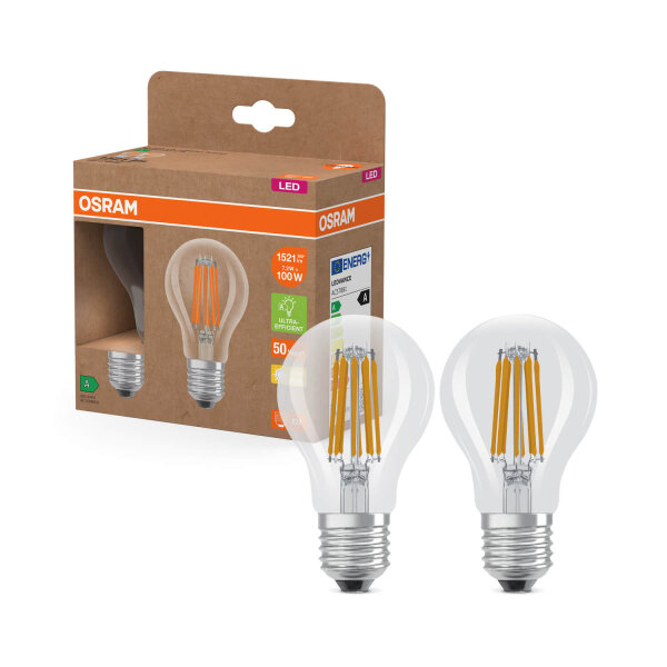 2er Pack OSRAM LED Lampe LAMPS ENERGY CLASS A höchste Energieeffizienzklasse A Filament CLASSIC A 7.2W 827 Clear E27 Warmweiss 4099854253706