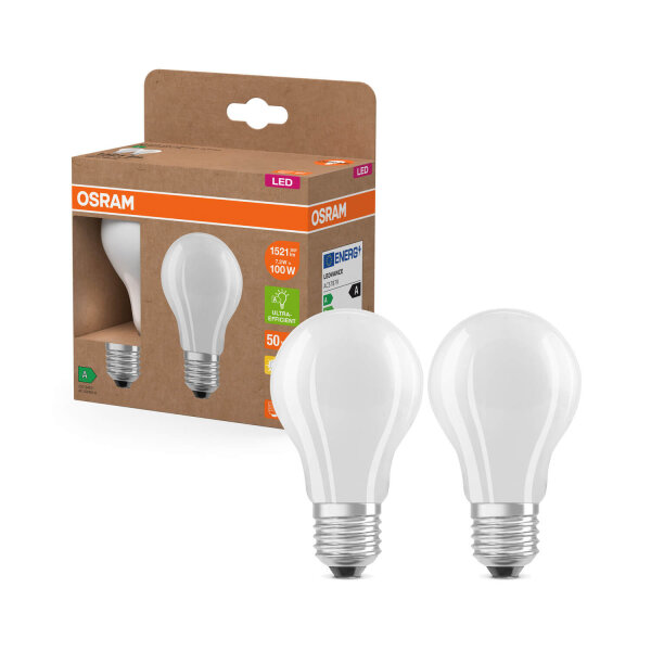 2er Pack OSRAM LED Lampe LAMPS ENERGY CLASS A höchste Energieeffizienzklasse A Filament CLASSIC A 7.2W 827 Frosted E27 Warmweiss 4099854253775