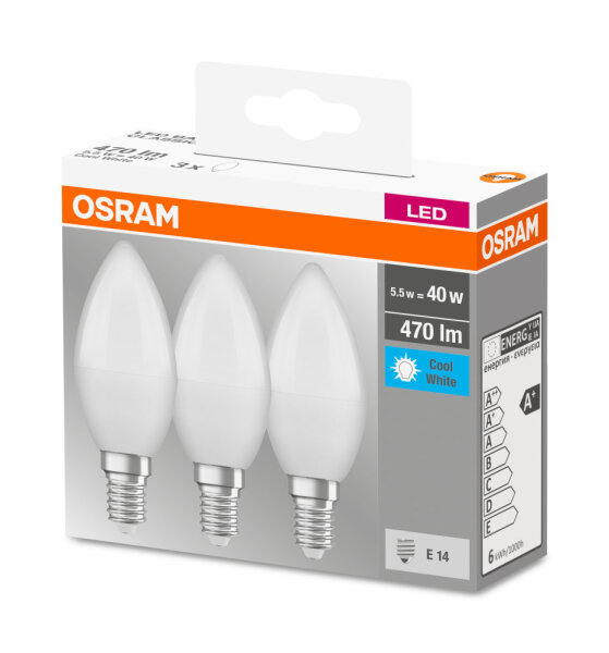 OSRAM LED Kerze BASE B40 FR 5.5W 3-er Pack E14 matt neutralweiss wie 40W 4058075429680