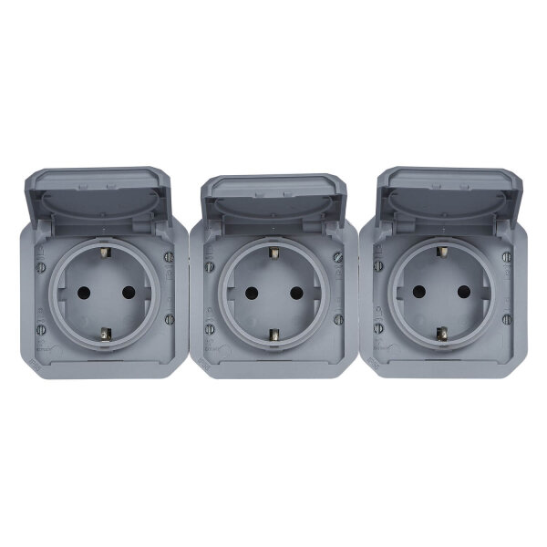 Legrand PLEXO New Einsatz, Feuchtraum Steckdose, 3-fach, Schutzkontakt-St., inkl. Klappdeckel, Berührungsschutz, vorverdrahtet, horizontal, IP55/IP44 grau, 069578L