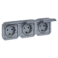 Legrand PLEXO New Einsatz, Feuchtraum Steckdose, 3-fach, Schutzkontakt-St., inkl. Klappdeckel, Berührungsschutz, vorverdrahtet, horizontal, IP55/IP44 grau, 069578L