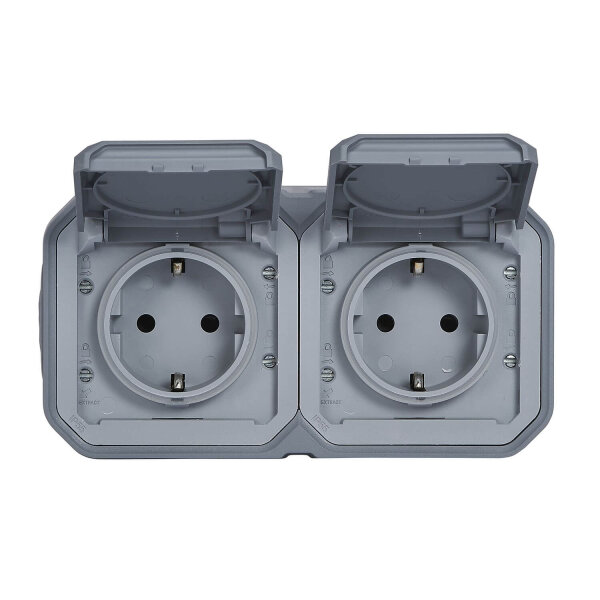 Legrand PLEXO New Feuchtraum Steckdose, 2-fach inklusive Klappdeckel, Berührungsschutz, vorverdrahtet, Steckklemmen, horizontal, IP44 grau, 069742L