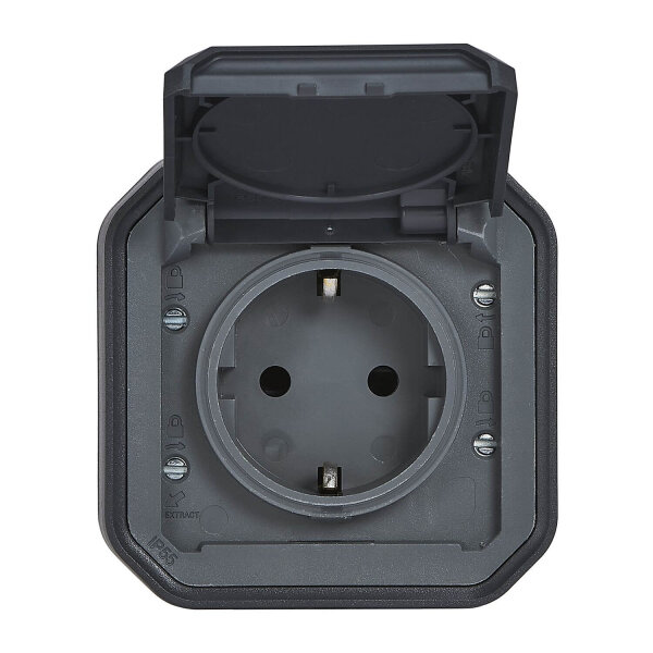 Legrand PLEXO New Feuchtraum Aufputz Steckdose inklusive Klappdeckel, Berührungsschutz, Steckklemmen, 16 Ampere IP44 anthrazit 069799L