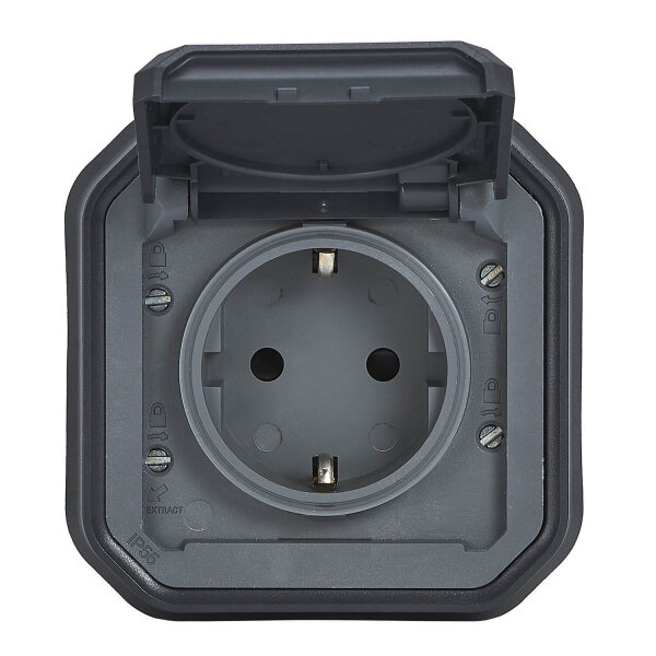 Legrand PLEXO New Aufsatz für Feuchtraum Steckdose inklusive Klappdeckel, Berührungsschutz, IP44 anthrazit 069859L
