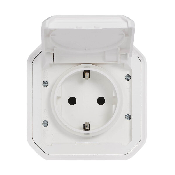 Legrand PLEXO New Feuchtraum-Aufputz-Steckdose, inklusive Klappdeckel, Berührungsschutz, Steckklemmen, 16A, IP44 IK07 Weiß, 069770L