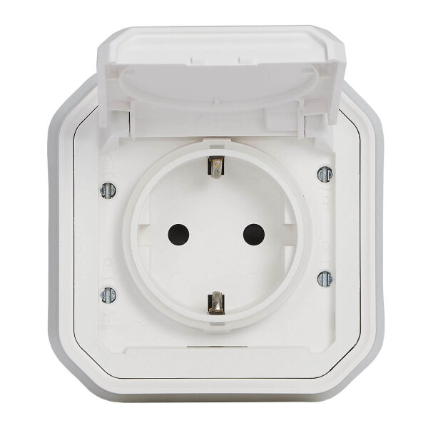 Legrand PLEXO New Aufsatz für Feuchtraum-Steckdose, inkl. Klappdeckel, Berührungsschutz, Installation mit Spreizkrallen & Schraubklemmen, 16A, 250V, IP44 IK07 Weiß, 069868L