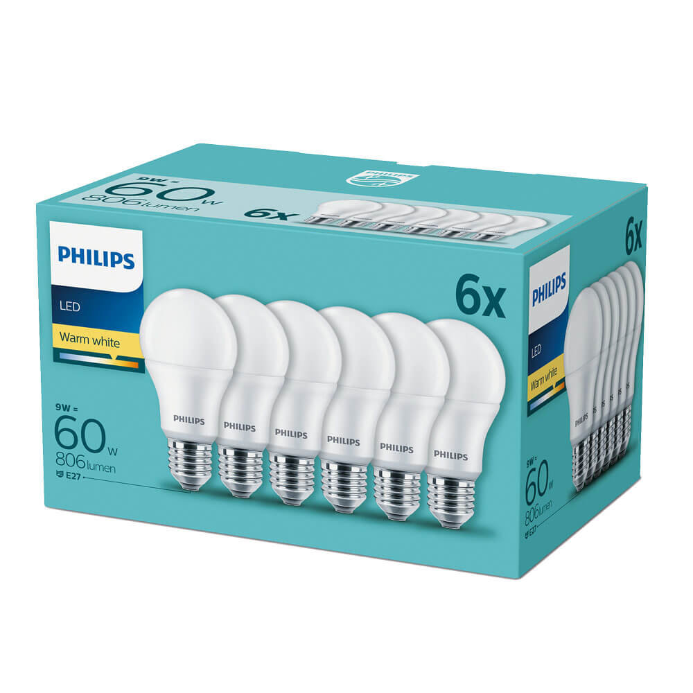 6er-Set Philips LED Birne E27 8W warmweiss wie 60W Glühlampe 806Lm 27 | Deckenlampen