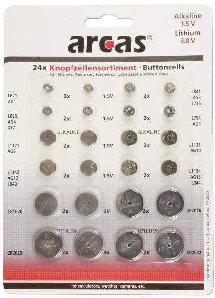 Knopfzellen-Sortiment 24 teilig 8 versch. AG + 4 versch. CR-Knopfzellen