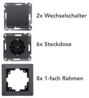 MILOS Starter-Kit, 16-teilig, Anthrazit 6x Steckdose, 2x Schalter, Klemmanschl.