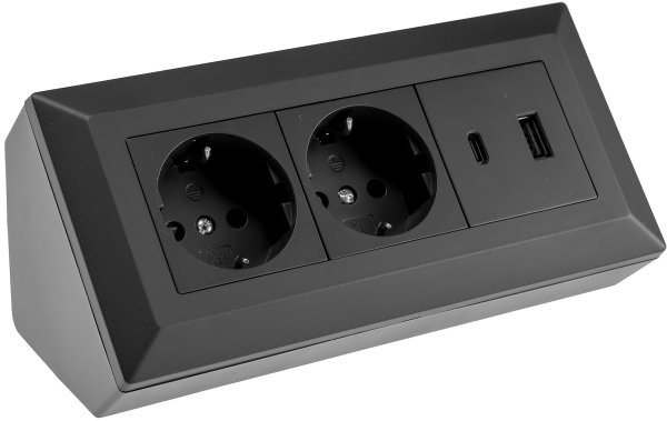 2-fach Steckdosenblock, USB-A+C, schwarz 250V~/ 16A, Aufbaumontage, USB 3,1A, PD