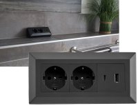 2-fach Steckdosenblock, USB-A+C, schwarz 250V~/ 16A, Aufbaumontage, USB 3,1A, PD