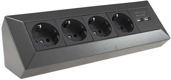 4-fach Steckdosenblock+2x USB, anthrazit 250V~/ 16A, Aufbaumontage, USB 3,1A
