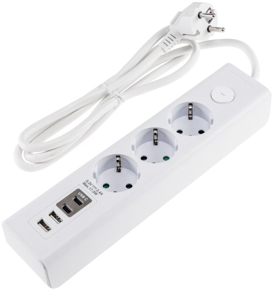 Steckdosenleiste mit Ladebuchsen für USB USB-A /USB-C,3-fach, weiß, 1,5m Kabel